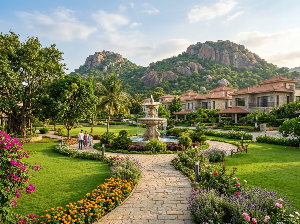 Landscaped gardens with fountain and hill view at Nischitha Hillora Manor