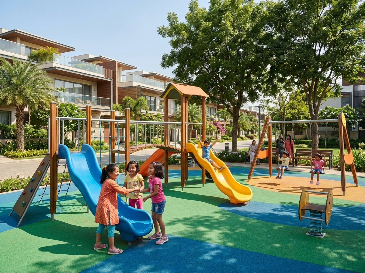 Modern children's outdoor play area with safe turf at Hillora Manor