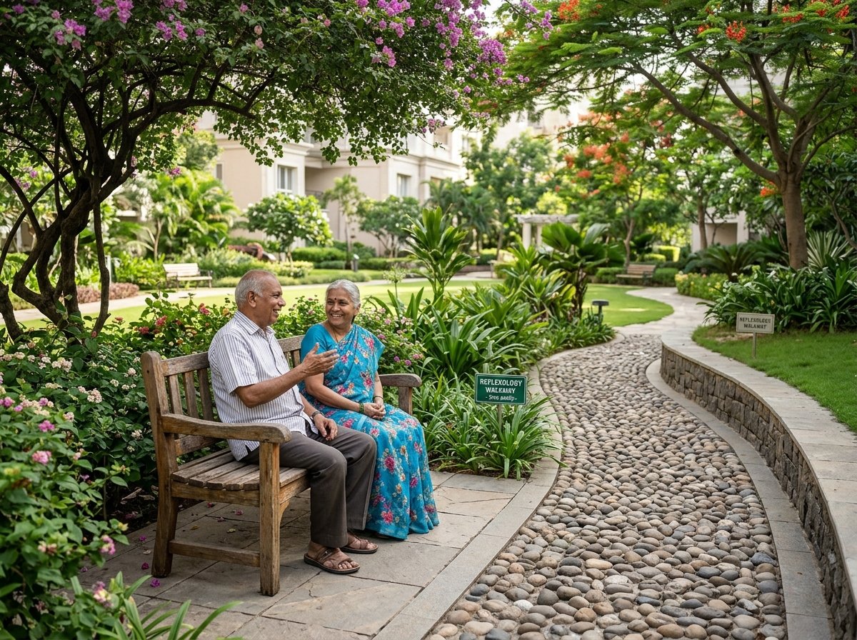 Senior citizen sitting zone with reflexology pebble walkway