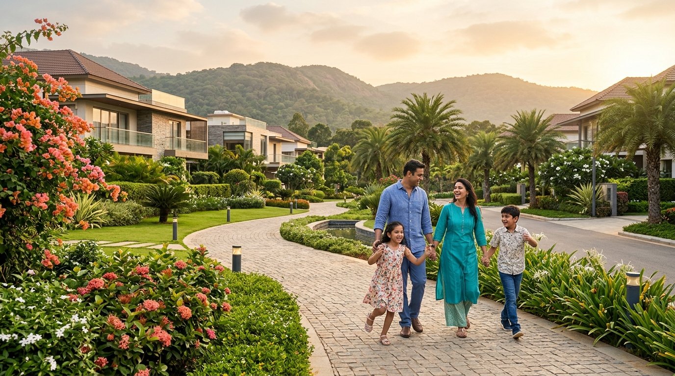 Happy Indian family in Nischitha Hillora Manor green plotted community facing Ramanagara hills