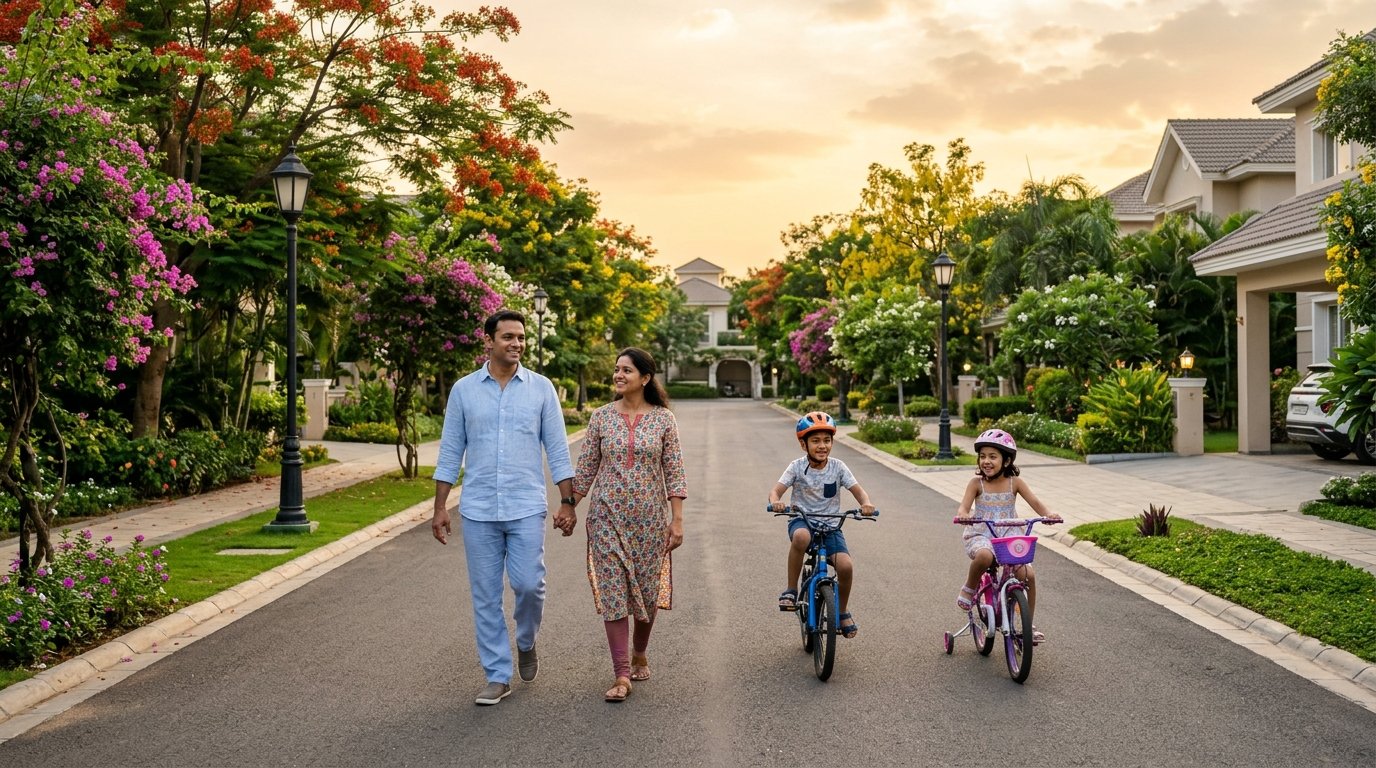 Parents watching children safely ride bicycles inside gated community avenue