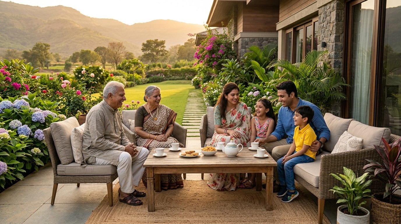 Three generations of family enjoying peaceful tea together on dream home garden patio